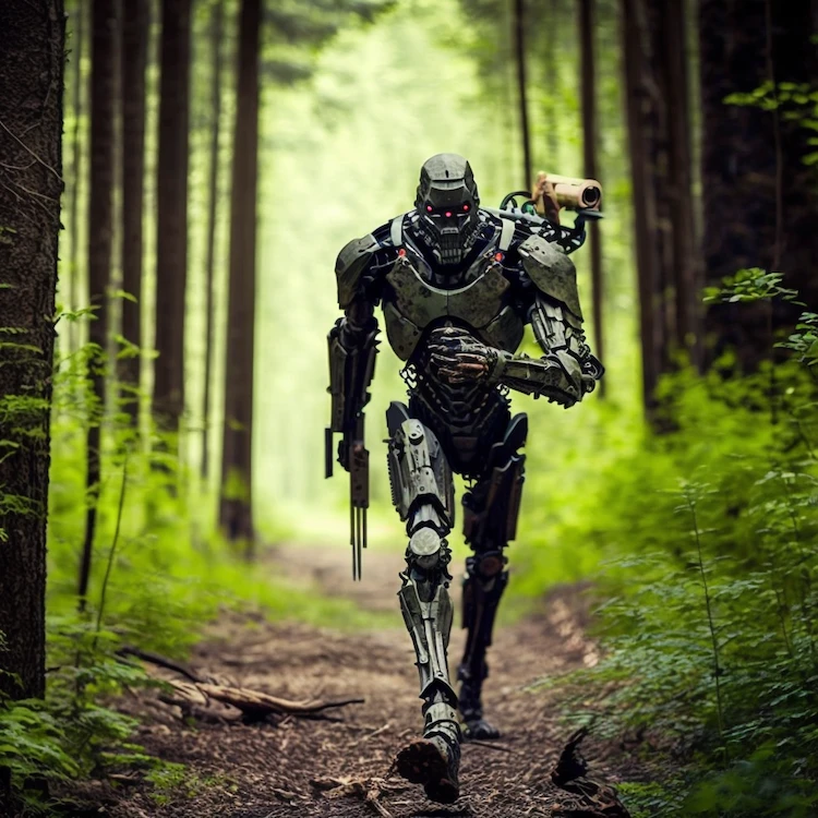 The dawn of Artificial General Intelligence, chase scene in forest.